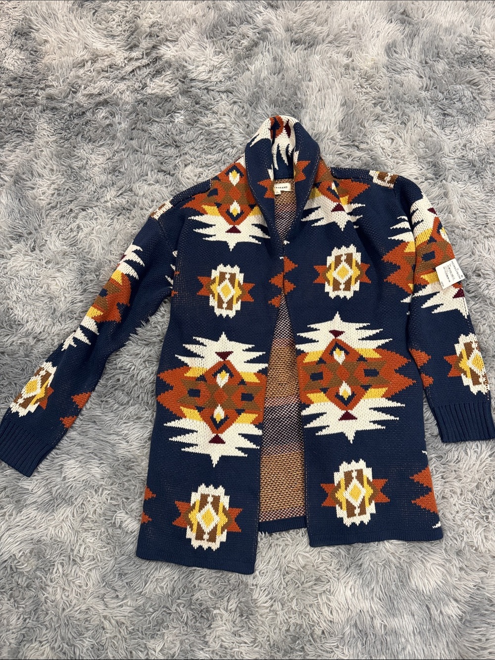 Lucky Brand Navy Shawl Collar Cardigan with Rust & Cream Navajo Pattern